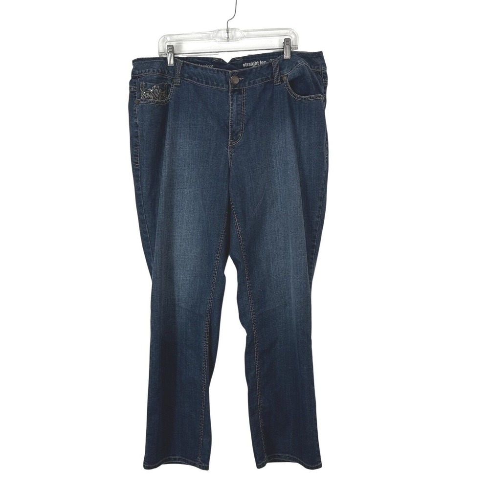 Avenue Denim Straight Leg Jeans Womens Size 20 Stretch Comfort Embroidered Blue